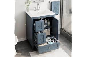 24" Blue Gray Bathroom Vanity with Sink Integrated Ceramic Top, Solid Wood Frame Standing Cabinet Multi Drawer Storage Small 