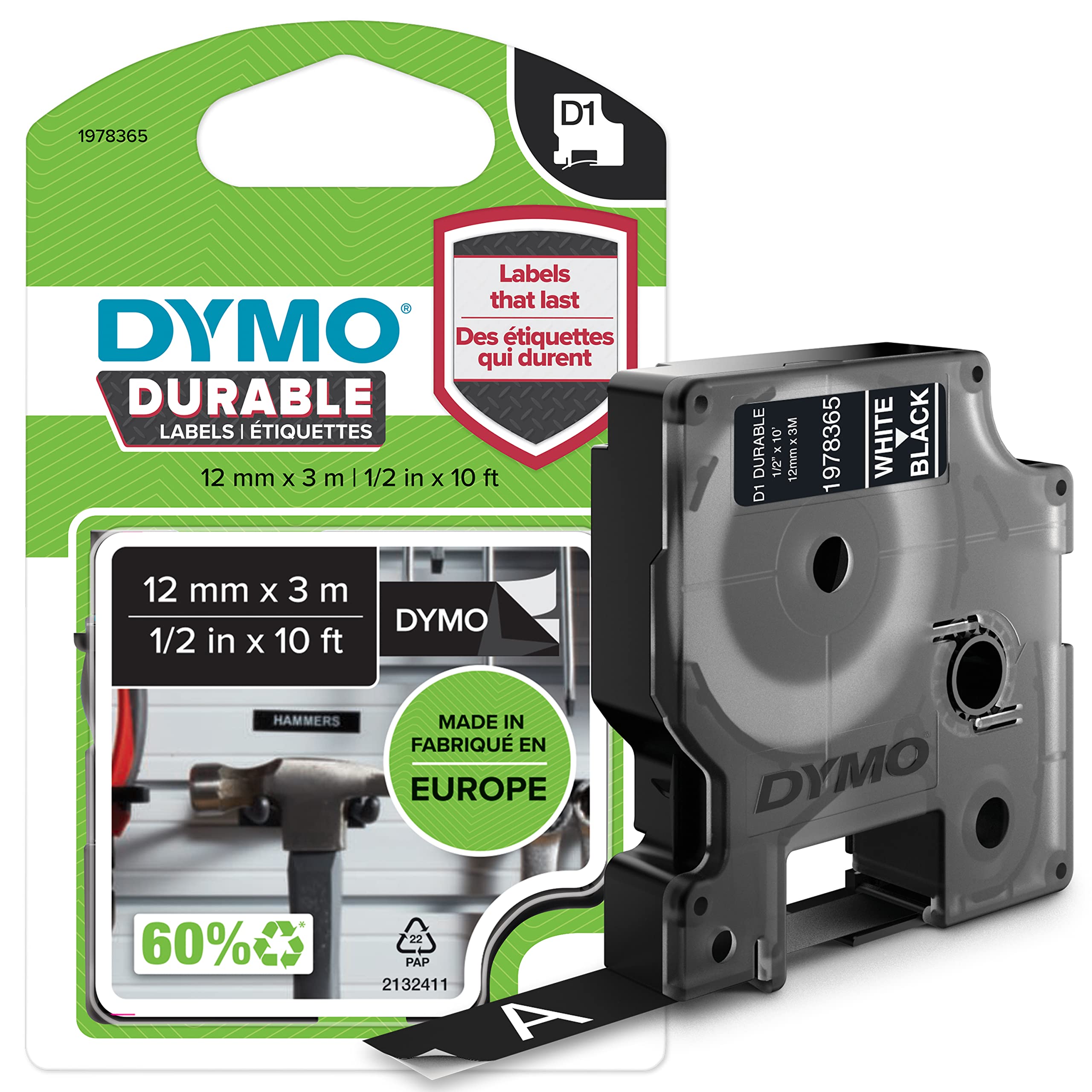 DYMO Authentic D1 Durable Labels | White Print on Black Tape | 12 mm x 3 m | Labelling Tape for LabelManager Label Makers — image 1