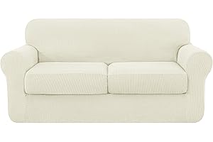 subrtex 3 Piece Sofa Cover High Stretch Couch Slipcover for 2 Cushion Soft Sofa Slipcover Loveseat Cover Jacquard Fabric Furniture Covers with Elastic Bottom Machine Washable(Ivory,Medium)