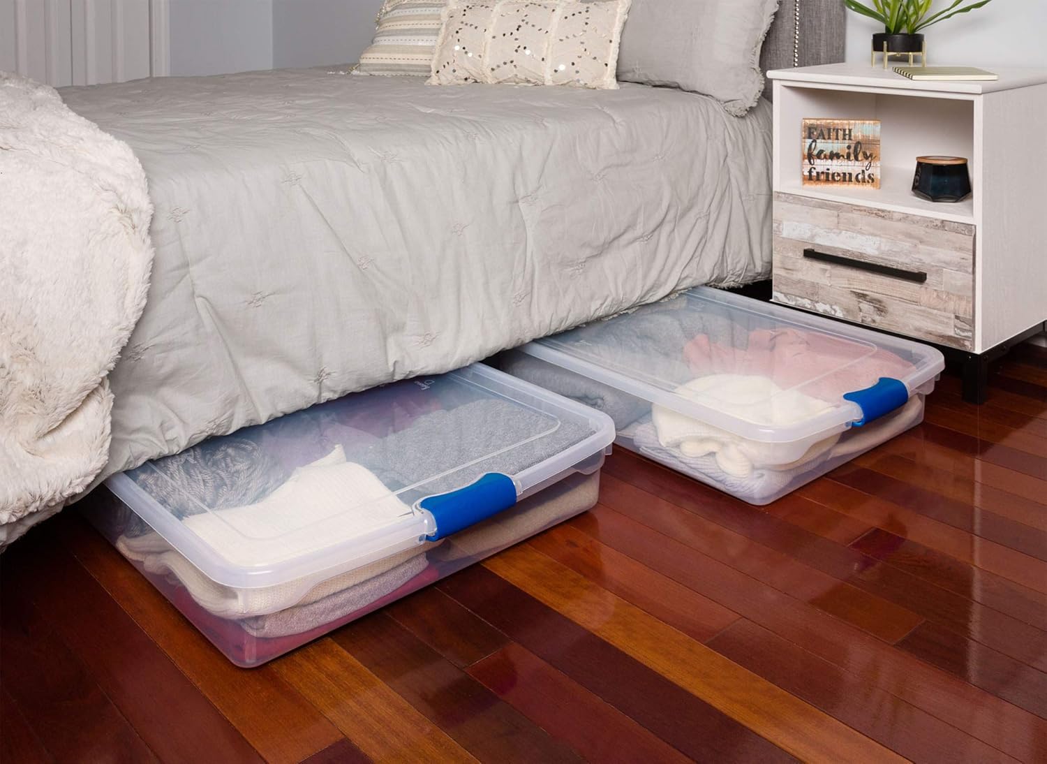 Homz Plastic Underbed Storage, Stackable Storage Bins with Blue Latching Handles, 60 Quart, Clear, 2-Pack: Home & Kitchen
