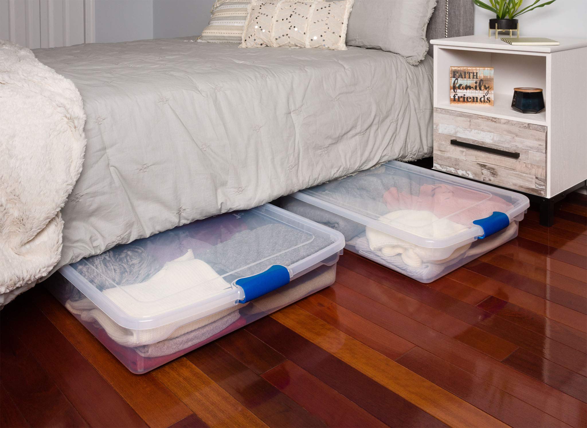 Homz Plastic Underbed Storage, Stackable Storage Bins with Blue Latching Handles, 60 Quart, Clear, 2-Pack