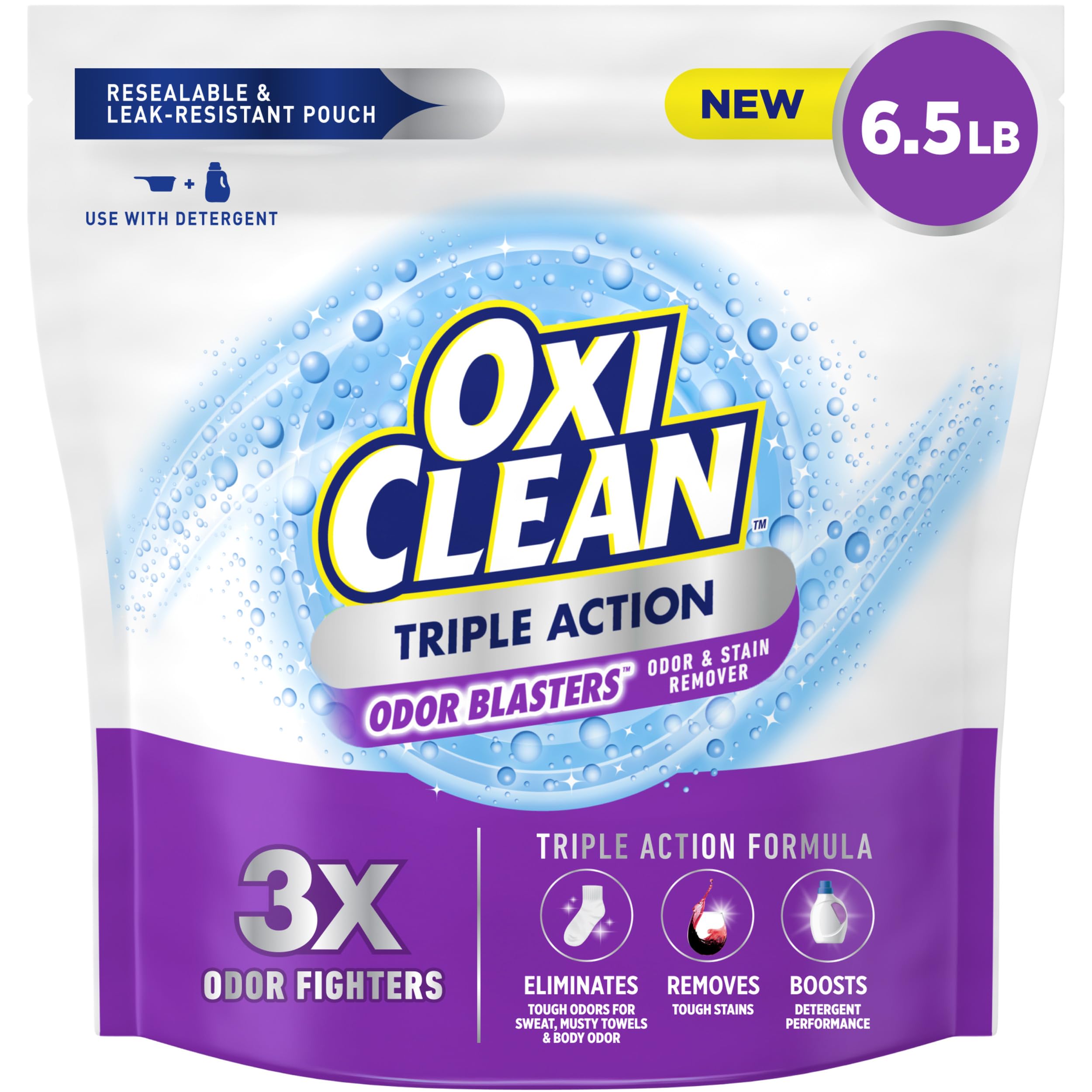 Photo 1 of OxiClean Triple Action Odor Blasters Odor and Stain Remover Powder, Use with Detergent, Eliminates Tough Odors and Removes Stains, Color Safe and Chlorine Free, 6.5 lbs