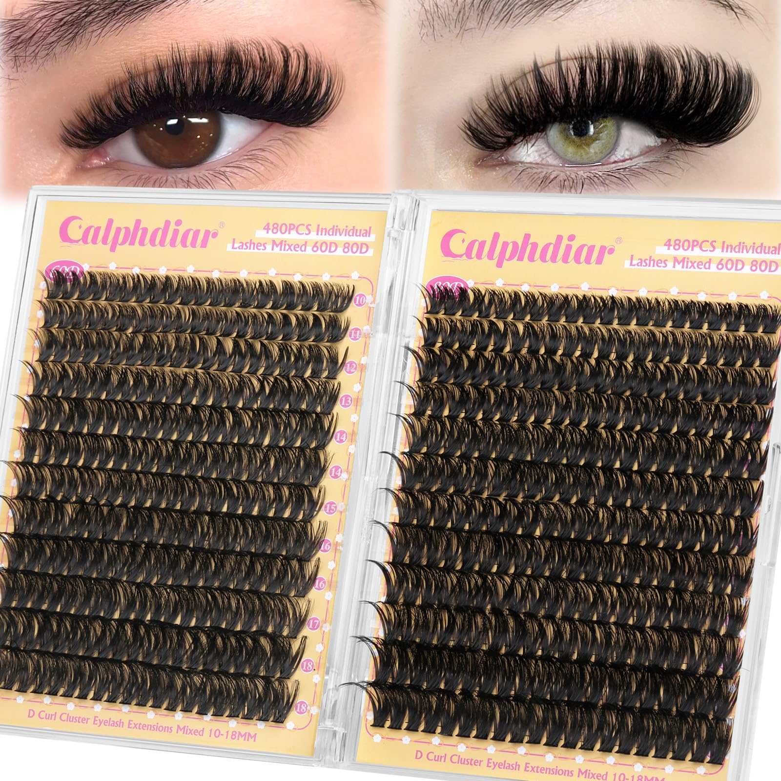calphdiar Lash Clusters 60D+80D Thick Individual Eyelashes 480PCS Wispy Cluster Lashes Russian Lashes Individual Cluster Fluffy D Curl Eyelash Clusters 10-18mm for DIY Volume Lash Extensions — image 1