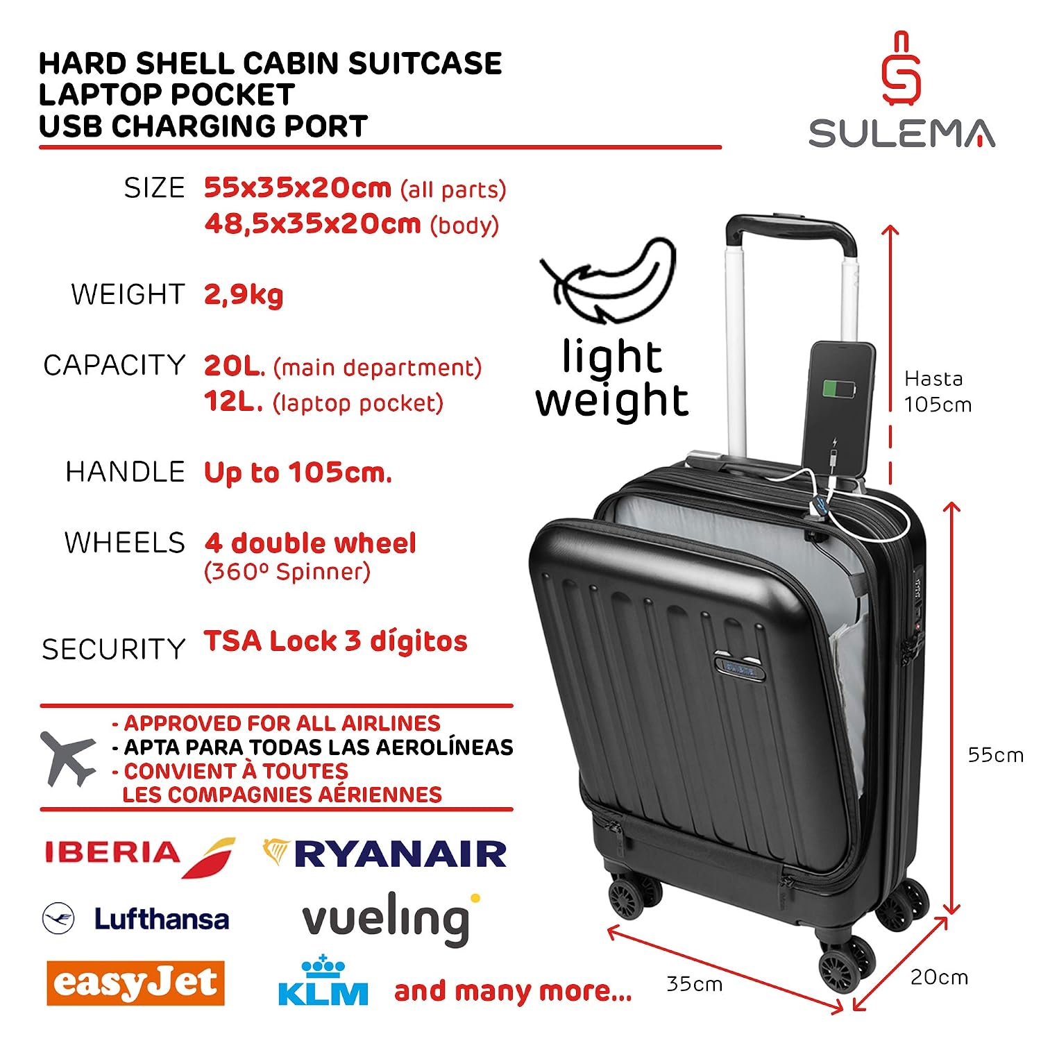 Valigia Bagaglio a Mano Tasca porta PC Trolley Cabina Bagaglio Rigido e  Leggero 4 Ruote Doppie Giro 360º Lucchetto TSA Sulema USB Grigio Accessori  urban-earth.co.uk