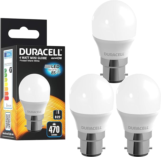 Duracell LED B22 Mini Globe Frosted Light Bulbs, 6 W (40 W) 470 lumens