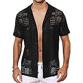 Csqopt Mens Sexy Lace Shirt Casual Button Down Hollow Out Sheer See Through Short Sleeve Beach Shirts