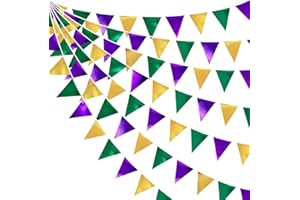 PINKBLUME Mardi Gras Party Decorations Purple Green and Gold Metallic Fabric Triangle Pennant Banner Flag Hanging Bunting Garland for Birthday Wedding Baby Shower Bridal Shower Holiday Masquerade Party Supplies
