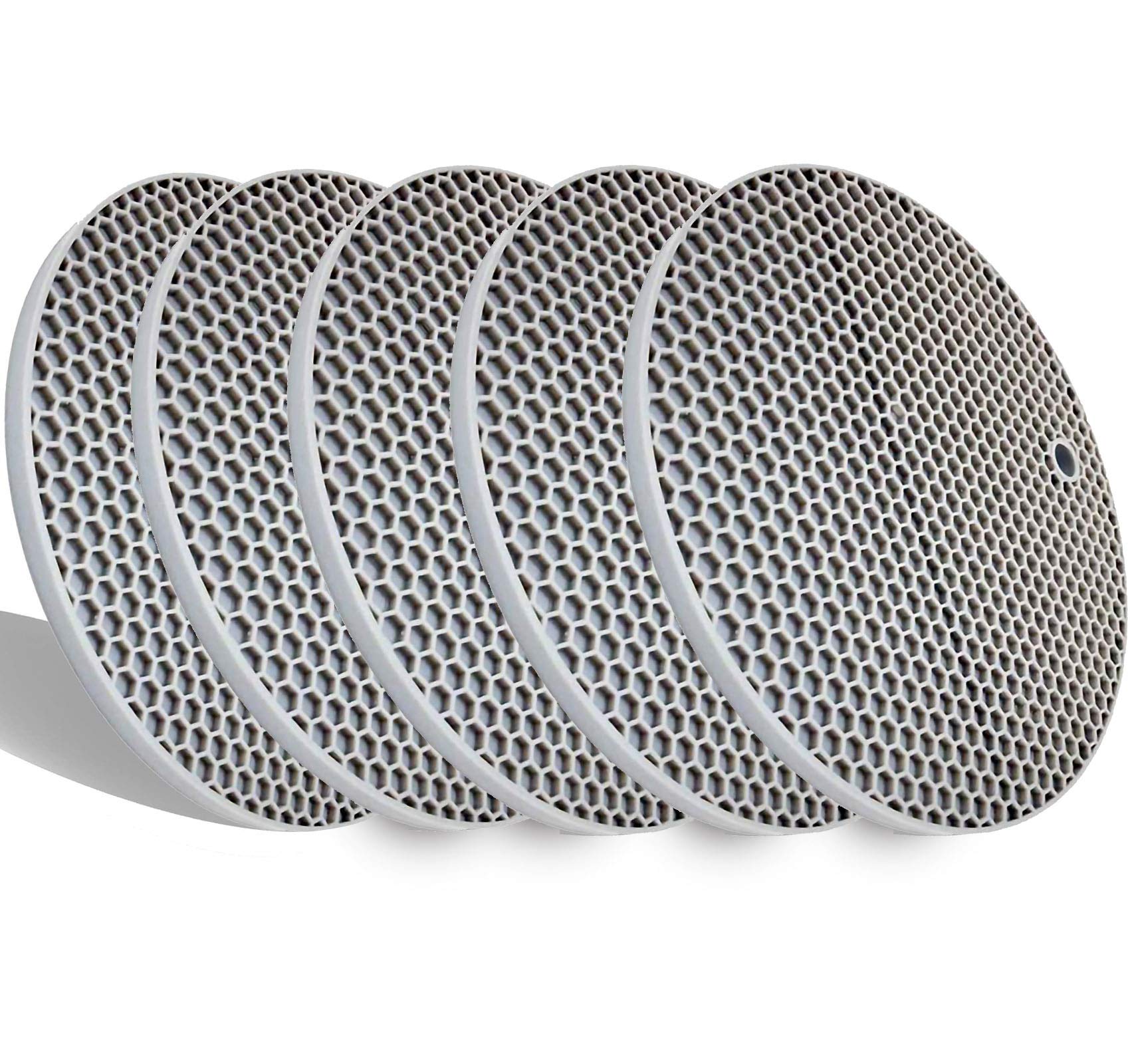 LogHog Set of 5 Thickened Silicone Pot Coaster Trivet Mats,Pot Holder/Hot Pads,Non Slip Durable Flexible Table Mats Round Honeycome Multipurpose Kitchen Heat Resistant Mat (Grey)