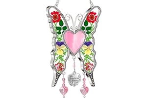 KY&BOSAM Butterfly Suncatcher My Precious Sister Stained Glass Panels hangings for Windows Wind Chime with Pressed Flower Wings Embedded in Glass Gifts for Sister Mother`s Day Christmas