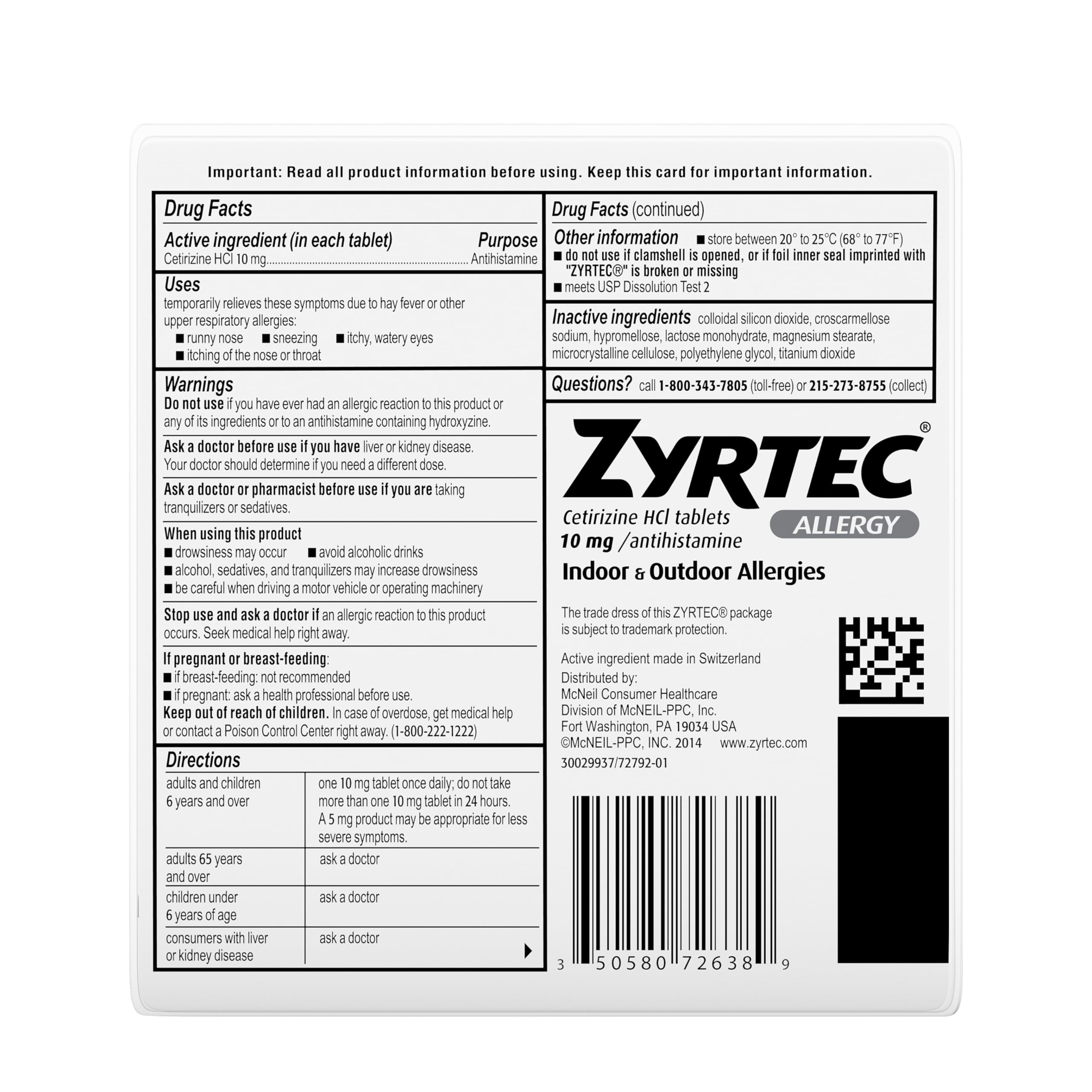 Zyrtec 24 Hour Allergy Relief Tablets, 10 mg Cetirizine HCl Antihistamine Allergy Medicine, 45 ct