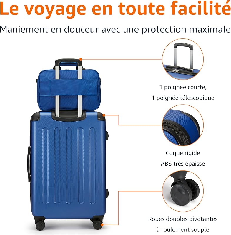 Ensemble de Bagages Rigides, 4 Pièces, Grande Valise, Bagage Cabine, Sac Fourre-Tout, Sac de Voyage Compact, Extensible, 4 roulettes Pivotantes, Bleu Marine