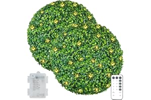 AILANDA Artificial Boxwood Topiary Ball, 2PCS 16'' Faux Topiary Boxwood Plant with 200 LED & Timer, Decorative Boxwood Garden Spheres for Balcony Backyard Wedding Home Front Porch Indoor Outdoor Decor