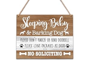 PREUF Sleeping Baby and Barking Dog Wooden Hanging Plaque Sign - Please Don't Knock Or Ring DoorBell Wood Front Door Sign Decoration for Home Farmhouse Porch Garden - No Soliciting Wood Plaque Housewarming