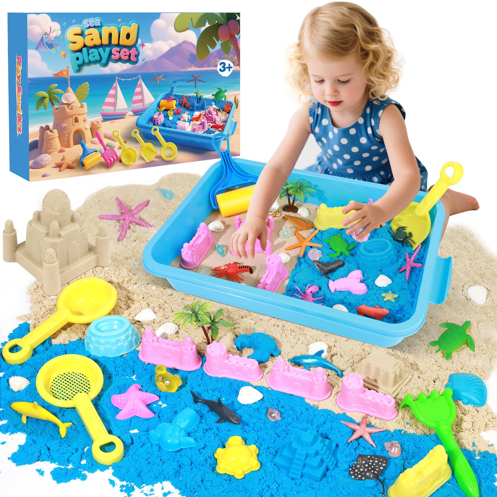 Photo 1 of (missing pieces) Mikiwon Ocean Sensory Bin, Sandbox Play Sand Art Kit with 3.3lbs Play Sand, Sea Animal Toys Molds, Sensory Play 