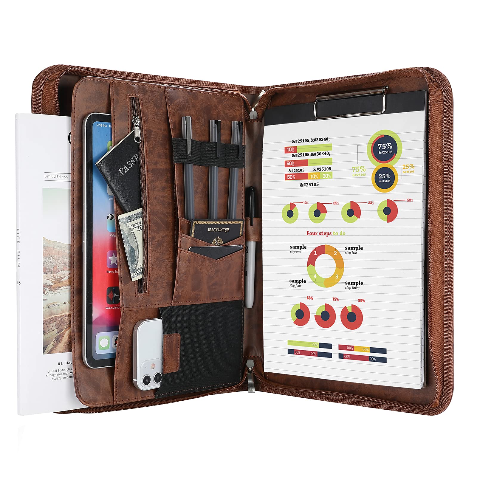 ProCase Portfolio Business Padfolio Folder with Zipper, Conference Meeting Executive File Legal Document Organizer with Pockets Letter Size A4 Writing Pad Notepad Padfolio for Father's Day -Brown