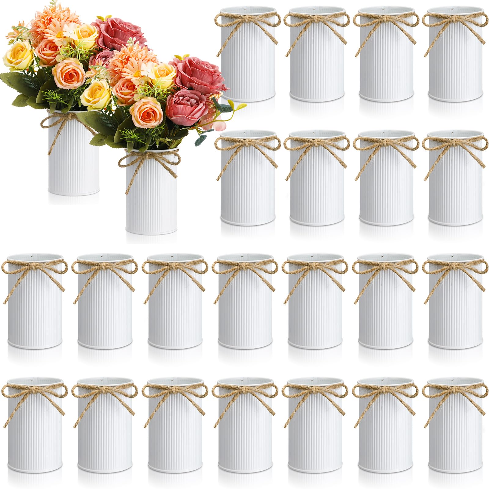 Photo 1 of Domensi 4.33 Inch Petite Farmhouse Vase Decor Vintage Flower Vase with Twine Bow Rustic Galvanized Metal Buckets for Artificial Flowers for Table Centerpiece Weddings(White,24 Pcs)