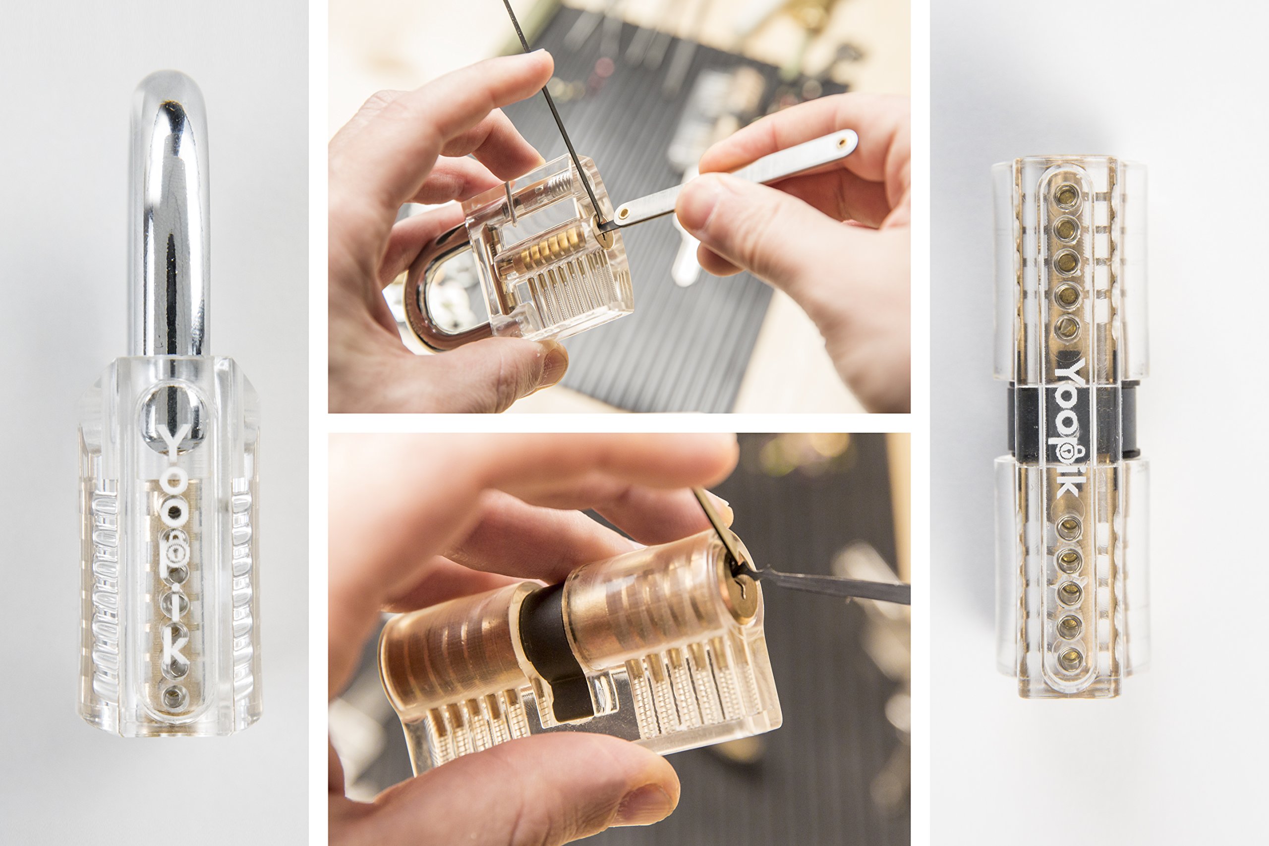 Yoopik Lock Picking Set 15 Pieces with Clear Transparent Padlock and Euro Cylinder for Lockpicking Training and Practice, a Carrying Pouch and Ebook Guide