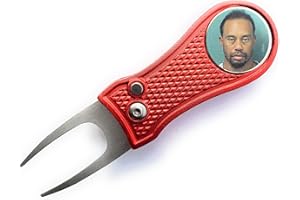 Smash Factor Tiger Woods Mugshot Golf Divot Repair Tool with Ball Marker - Foldable Switchblade Design (Red)