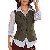 ELLEVEN Women's Herringbone Tweed Lapel Waistcoat Business Casual Sleeveless Blazers Suit Vests with Adjustable Back