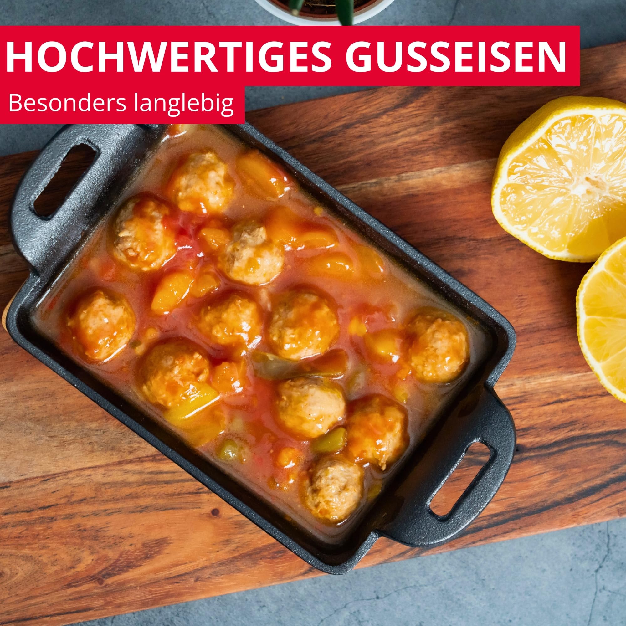 Westmark Gusseiserne Schale Tapas + Friends – kleine Gusseisen-Auflaufform, für alle Herdarten geeignet, auch Induktion und Grill, inkl. Bambus-Untersetzer – Eisen, 300 ml 5