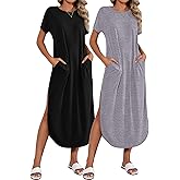 Riyiper 2 Pieces Women's Short Sleeve Maxi Dress Round Neck Casual Loose Split Long Summer Beach Shirt Dress with Pockets