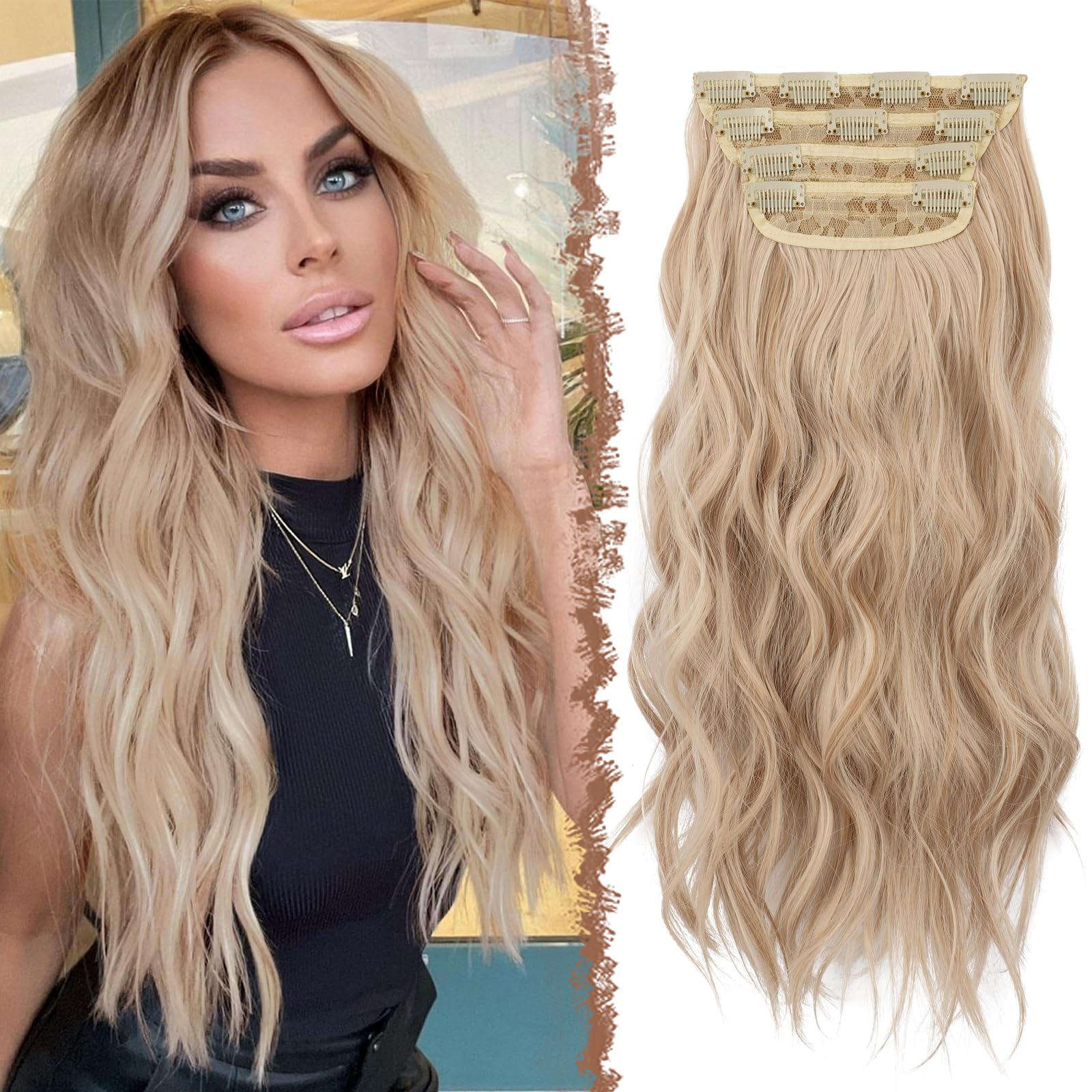 FESHFEN Clip in Hair Extensions 4 PCS Thick Highlight Hairpieces Long Wavy Clip in Hair Piece Full Head Synthetic Hair Extensions for Women, 20 Inches Honey Blonde Mixed Platinum Blonde — image 1