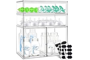 QUNLAND Baby Bottle Organizer, 4 Pack Stackable Storage Drawers with Chalkboard Labels, Clear Station Organizer Container for Bottles, Pacifiers, Pump Parts, Baby Bottle Organizers for Countertop and Cabinet