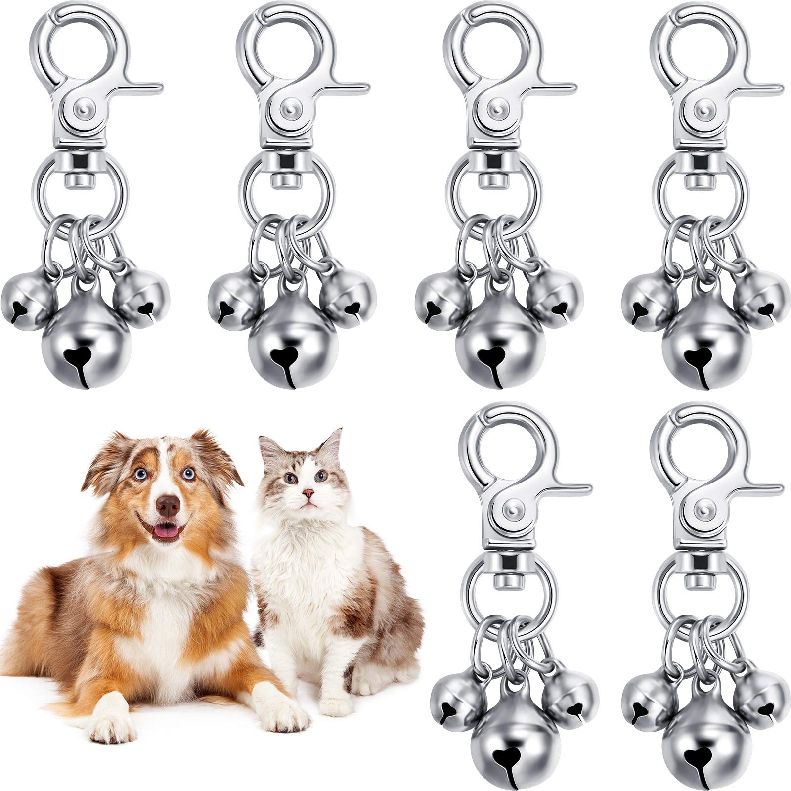 Weewooday 6 Pcs Dog Bells, Cat Bells for Collars Loud, Loud Pet Key Rings Puppy Collar Puppy Triple Pendant for Dog Cat Decoration and Harness Training Pendant Accessories, Anti-lost (Silver)