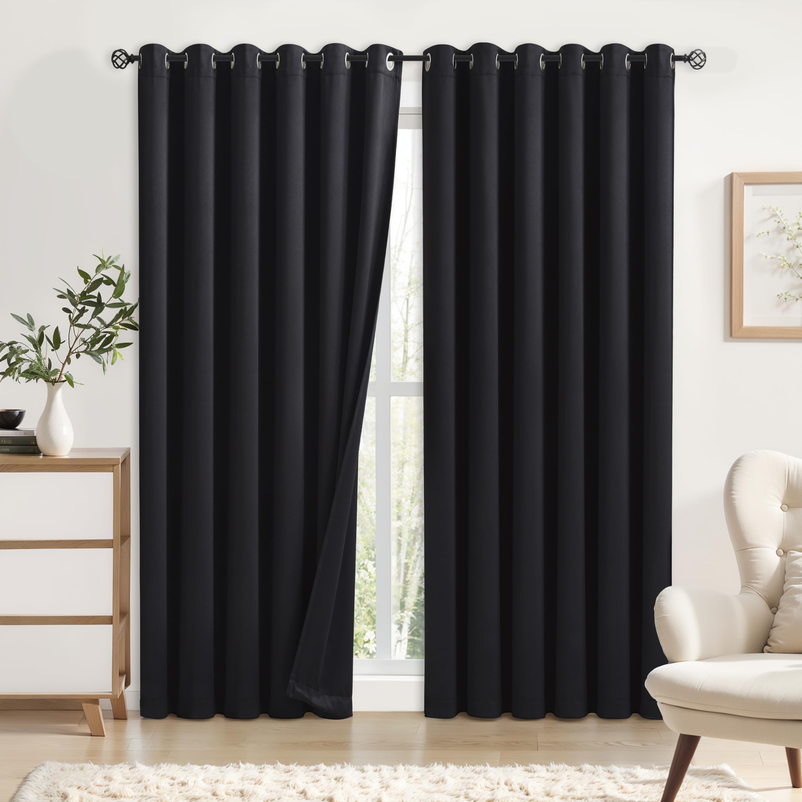 Bujasso Black Full Blackout Curtains 90 inches Thermal Insulated Room Darkening Draps for Living Room Bedroom Luxury Energy Saving Window Treatment Sets Grommet Top 2 Panels 90" Wx90 L