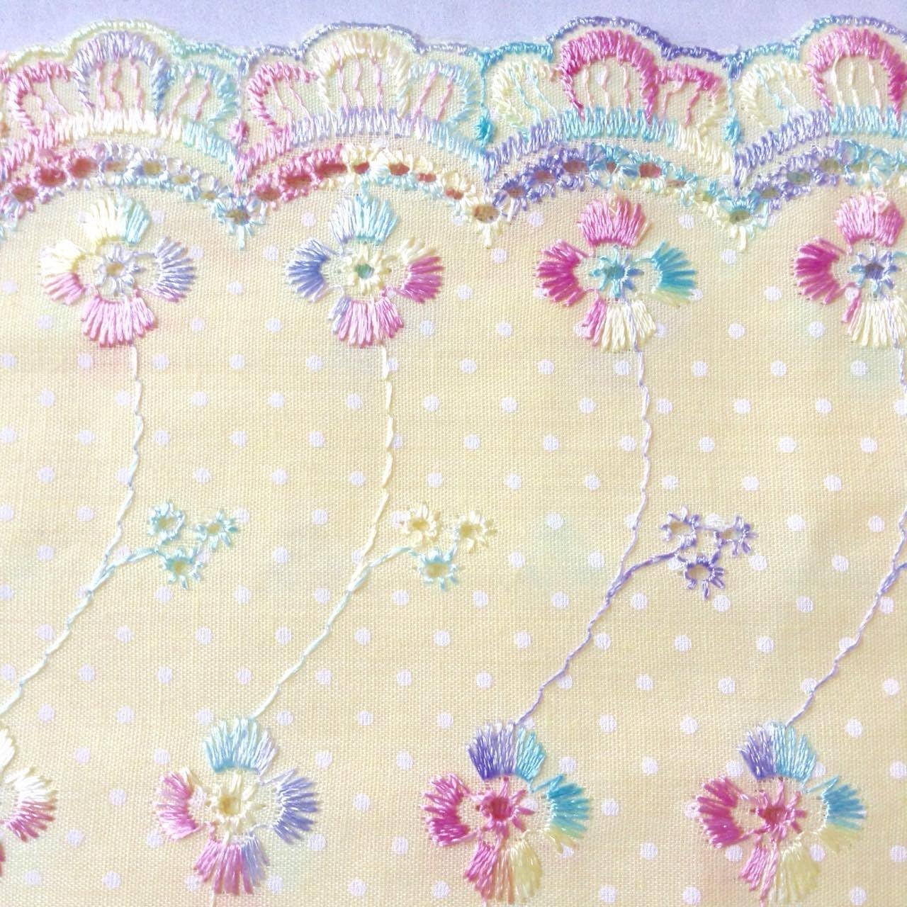 Yellow Cotton Eyelet Lace with White Polka Dots Fabric Rainbow Floral Embroidered Lace - 1 Yard
