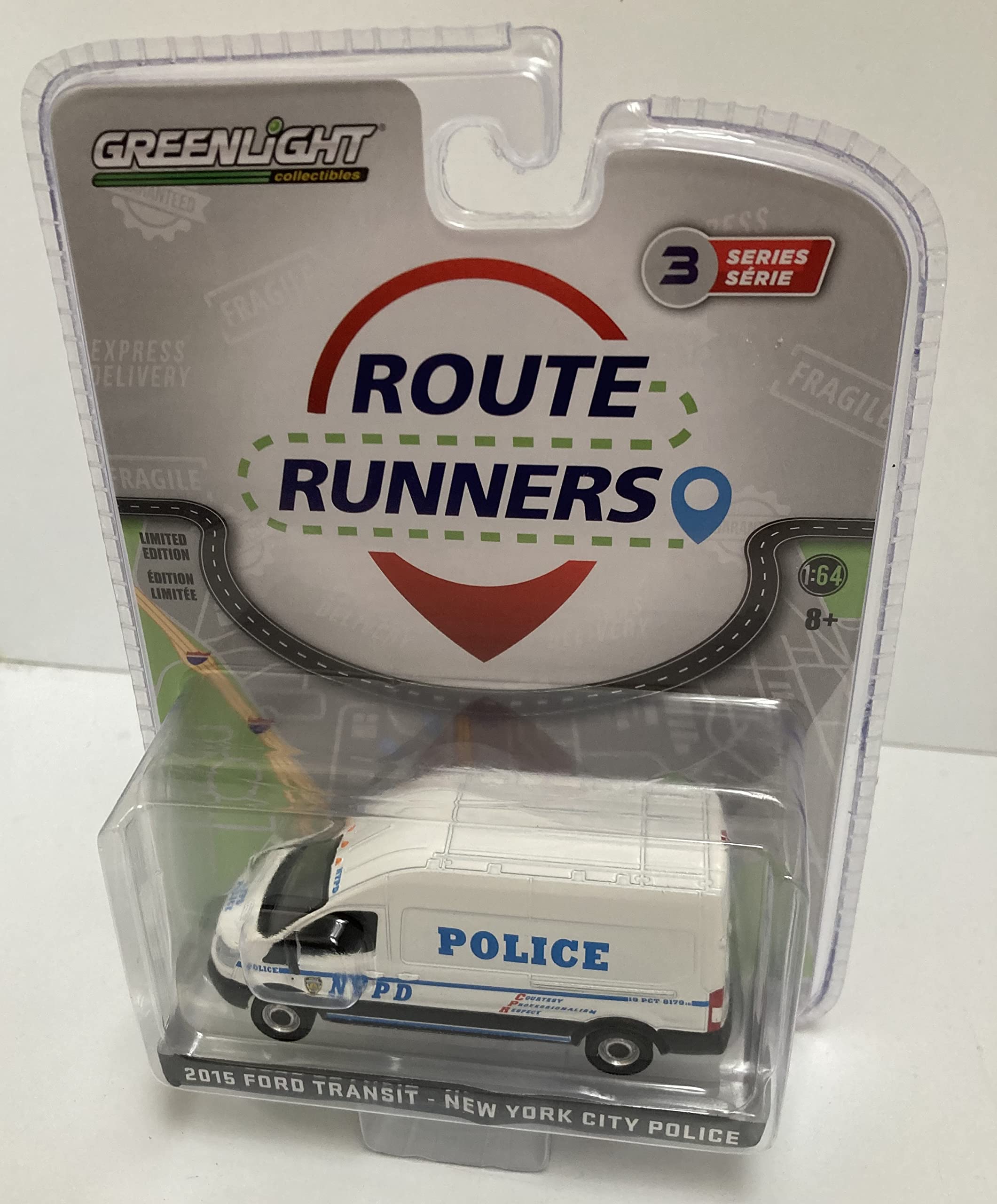 GREENLIGHT 1/64 ROUTE RUNNERS 2015 FORD TRANSIT NEW YORK CITY POLICE