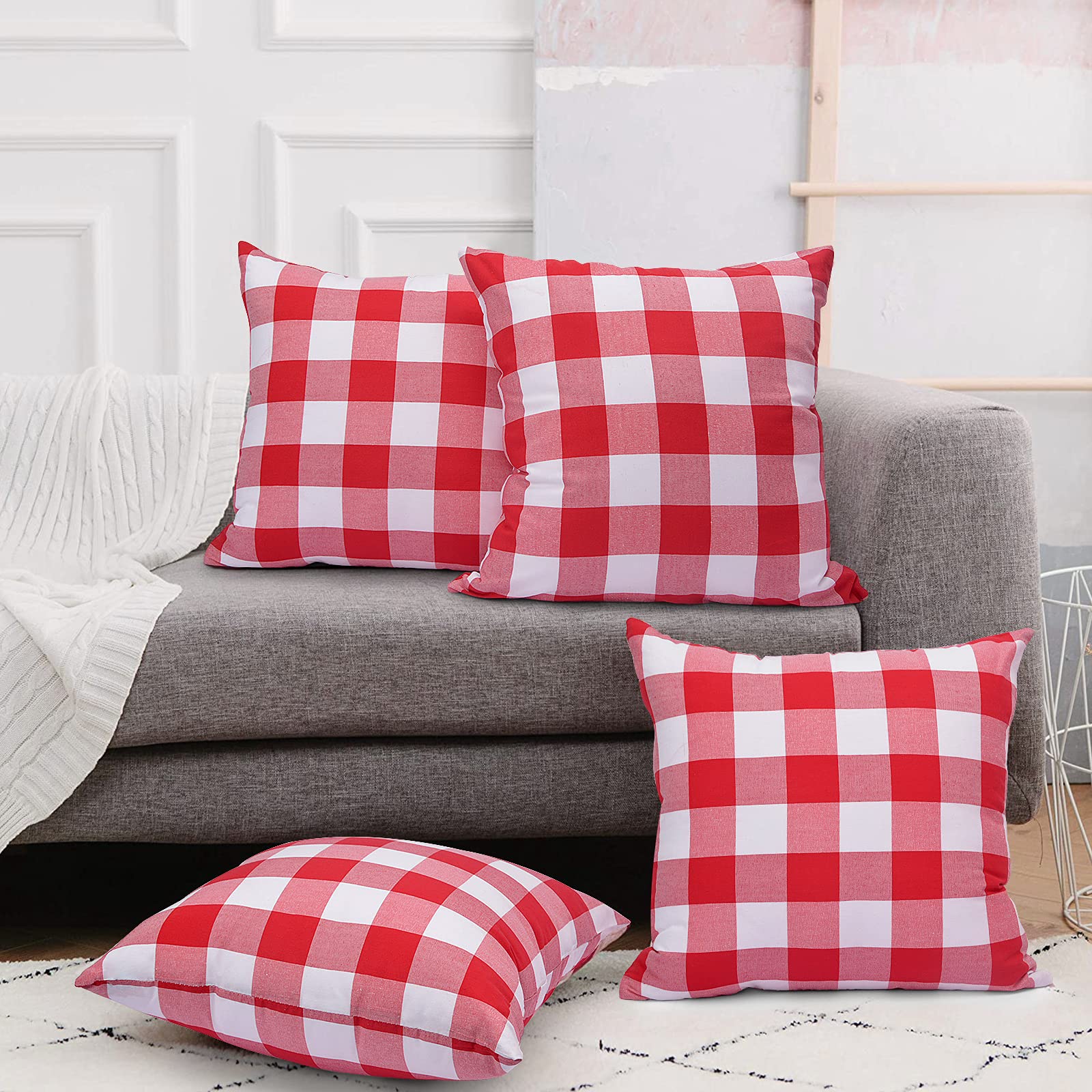 Photo 1 of yuboo Red and White Gingham Pillow Covers - 18 x 18 Inch Set of 4, Buffalo Red Plaid Throw Pillow Covers for Couch Sofa Decor 4th of July Decoration