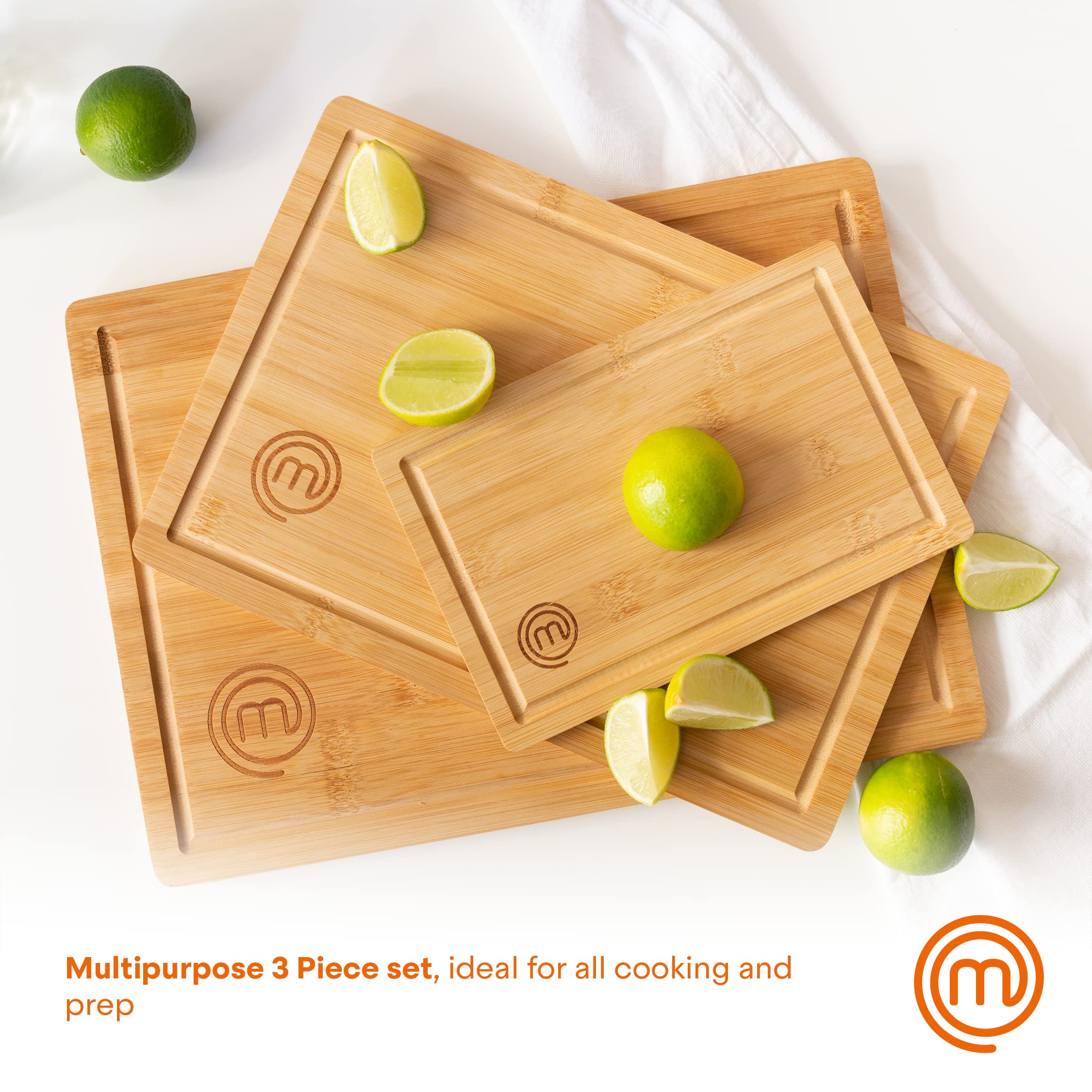 MasterChef Bamboo Cutting Boards for Kitchen, Wooden Cutting Board Set of 3, Natural, Organic & Food Safe Surface, Reversible Large, Medium & Small Wooden Chopping Boards with Juice Grooves