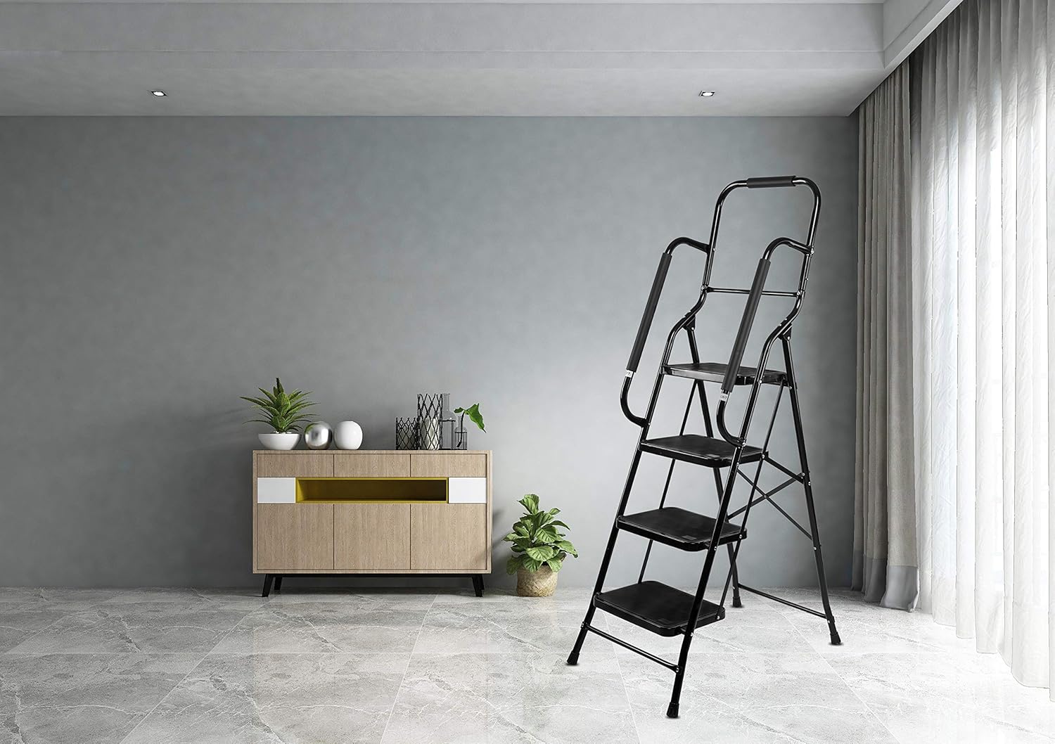 Step Ladders, Folding 4 Step Stool with Safety Rails Portable Heavy Duty 330 lb Load Capacity for Home Household Kitchen Office Garden,Black: Kitchen & Dining