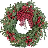 Bibelot Christmas Olive Wreath for Front Door Christmas Red Berry Decoration, Winter Bowknot Leaves Wreath with Red Berry and Jingle Bell Farmhouse Front Door