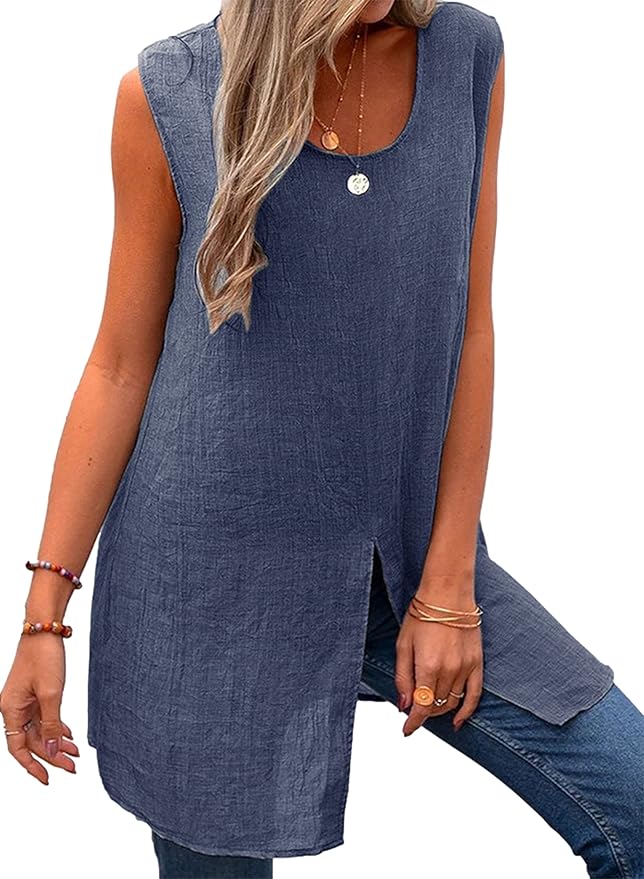 Gihuo Women's Casual Loose Solid Cotton Linen Split Sleeveless Tunic Shirts Tops at Amazon Women 
