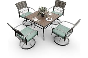 Pamapic 5 Piece Patio Dining Set for 4,Wicker Outdoor Furniture Set for Backyard Garden Deck Poolside with Square Plastic-Wood Table Top,4 Cushions Swivel Rocker Chairs,Removable Cushions(Green)