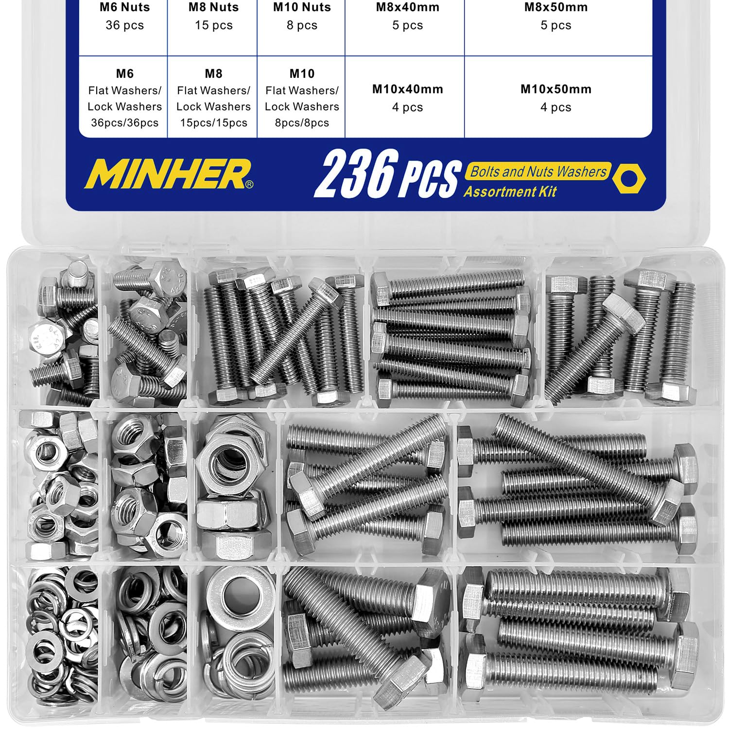 MINHER 236PCS M6 M8 M10 Heavy Duty Bolts and Nuts Assortment Kit 304 Stainless Steel(18-8) Hex Screws Nuts & Washers kit