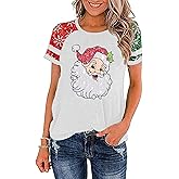 Christmas Shirts for Women Vintage Santa Claus Graphic Merry Shirt Holiday Casual Short Sleeve Tee Tops