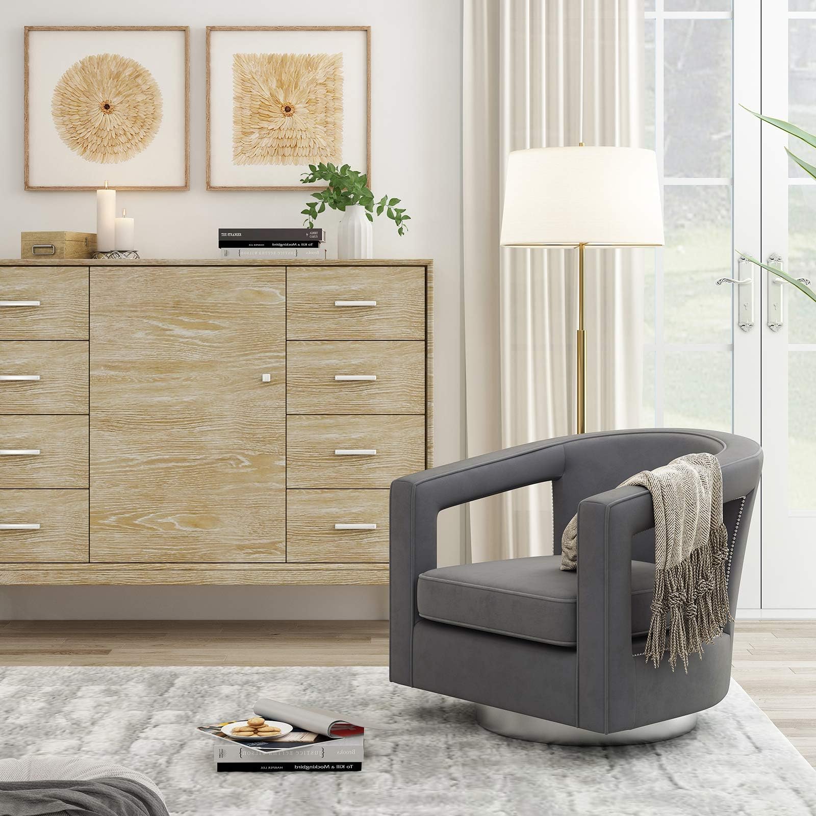 MEXIYA Stark Modern Grey Textured Velvet Upholstered Swivel Accent Chair with Brushed Silver Base