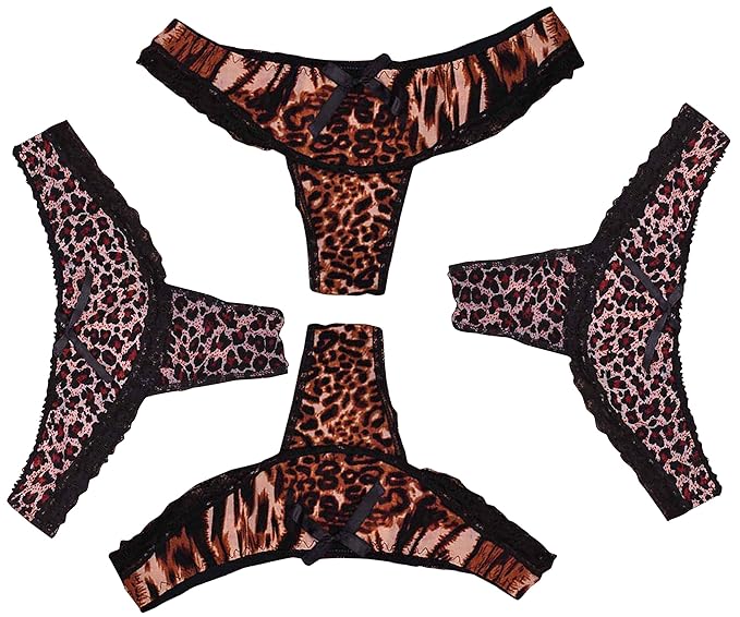Women's Leopard Print with Bow Thong Regular Fit Underwear (Pack of 4)