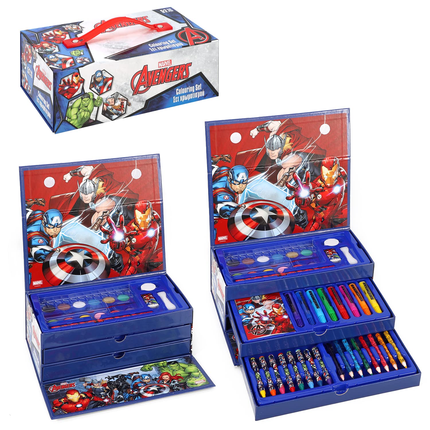 Avengers Kids 52pc Colouring Art Stationery Set with Watercolour Felt Tip Pens Crayons and Pencils Travel Set for Children