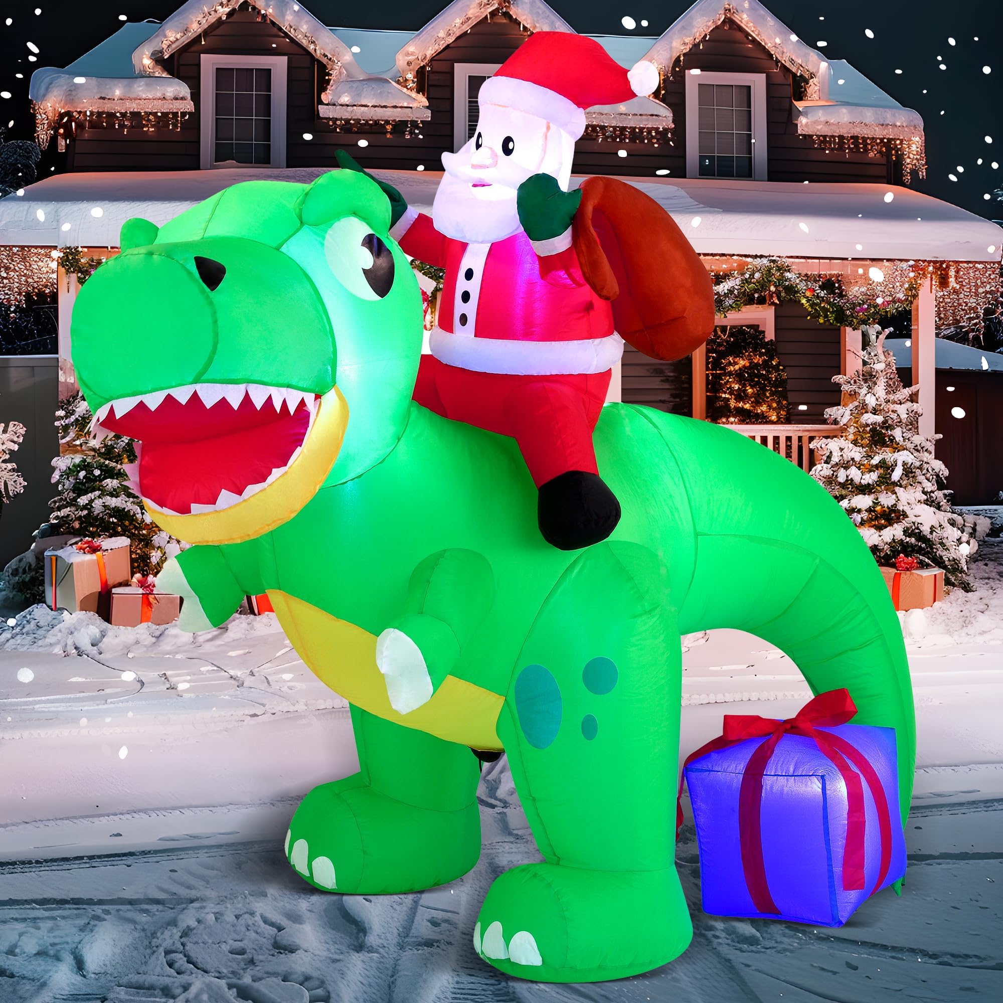 Joiedomi 6 FT Christmas Inflatable Dinosaur with Build-in LEDs, Blow Up Dinosaur with Santa for Christmas Inflatable Outdoor Decoration Xmas Party, Outdoor, Yard, Winter Décor