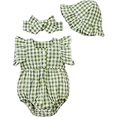 Renotemy Baby Girl Newborn Clothes Infant Summer Outfits Green Plaid Bubble Romper Cotton Linen Sleeveless Bodysuit Jumpsuit with Hat&Headband Baby Shower Gifts Coming Home Outfit for 0-3 Months Girls