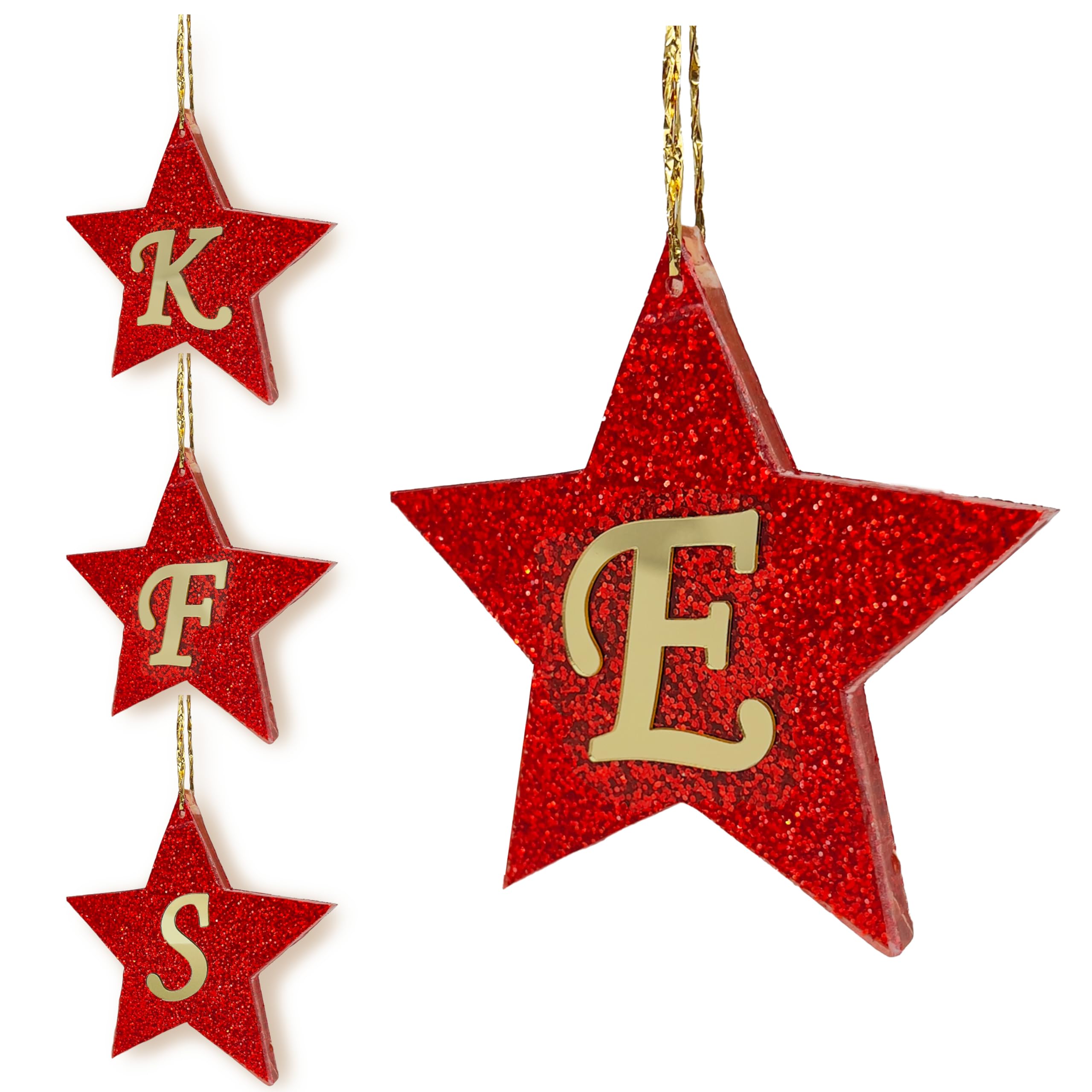 Christmas Initial Acrylic Ornaments - 12x12cm - Personalized Xmas Star Glitter Hanging Baubles for Christma Tree Decorations (Initial #E)
