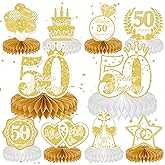 DTOFOOT 10 Pcs 50th Anniversary Decorations, 50th Wedding Anniversary Decorations 50th Anniversary Honeycomb Centerpiece White Gold Happy 50th Wedding Anniversary Party Centerpieces