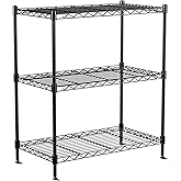 VANZBON 3-Tier Wire Shelf Rack,24" Dx14 Wx 30" H,Wire Metal Shelving with Lockable Wheels,Height Adjustable Storage Standing Shelves for Kitchen,Living Room,Laundry,Office,Pantry,Studio,Black