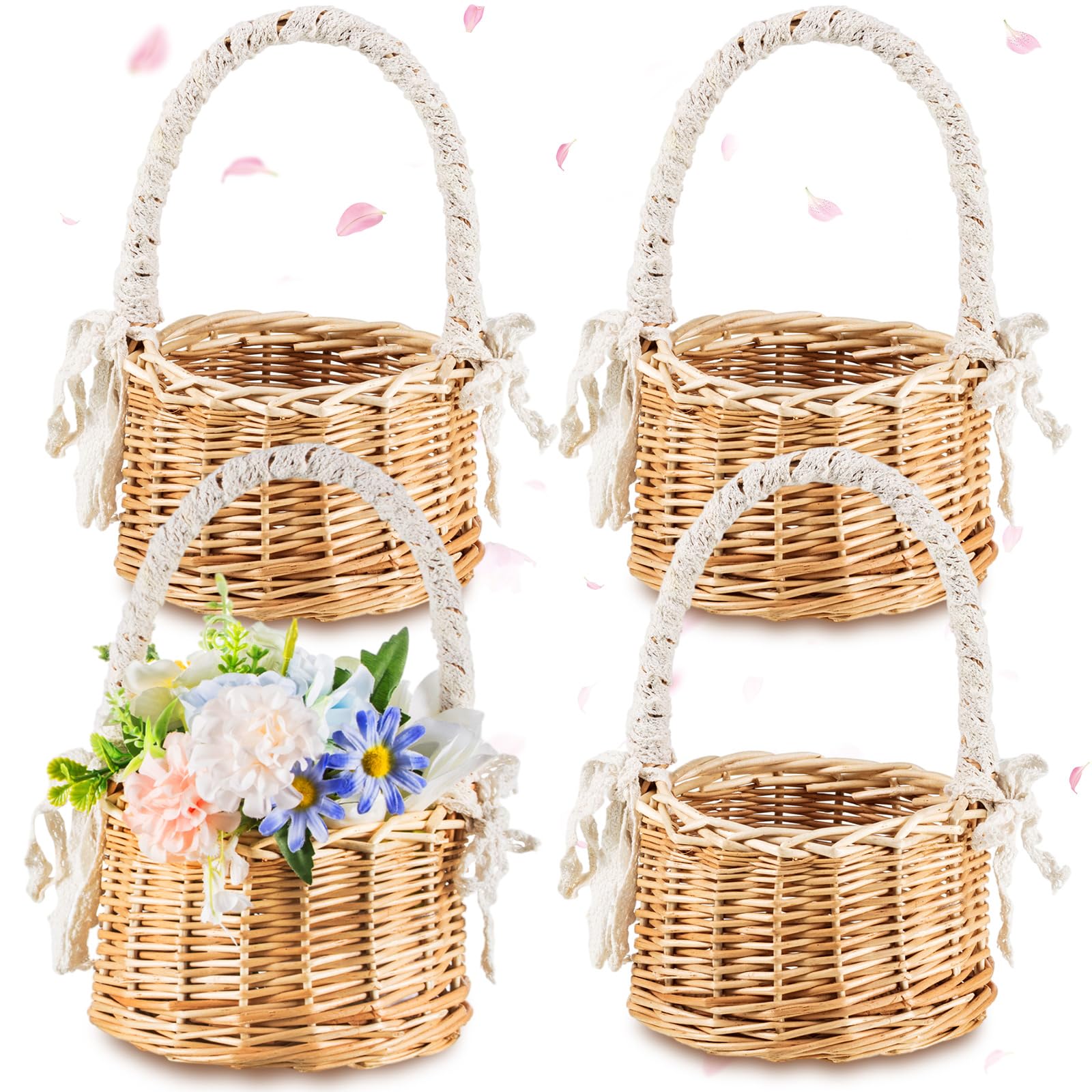 Photo 1 of Thyle 4 Pcs Flower Girl Baskets with Handle, 7.87 x 4.33 Inch, Wicker Rattan, Lightweight, Brown