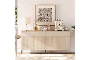 WAMPAT 63" W Large Sideboard Buffet Cabinet with Storage, 2 in 1 Fluted Sideboard Buffet with 4 Doors, Wooden Buffet Table, C