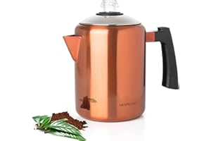 Mixpresso Copper Stainless Steel Coffee Percolator Stovetop, 37oz Classic Percolator Coffee Pot, Great For Camping Pot, 5-8 Cup Stove Top Espresso Maker, Cool-Touch Handle